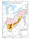 Total number of caves within a 20 kilometer grid cell. Each cell represents a range of caves found within that area.